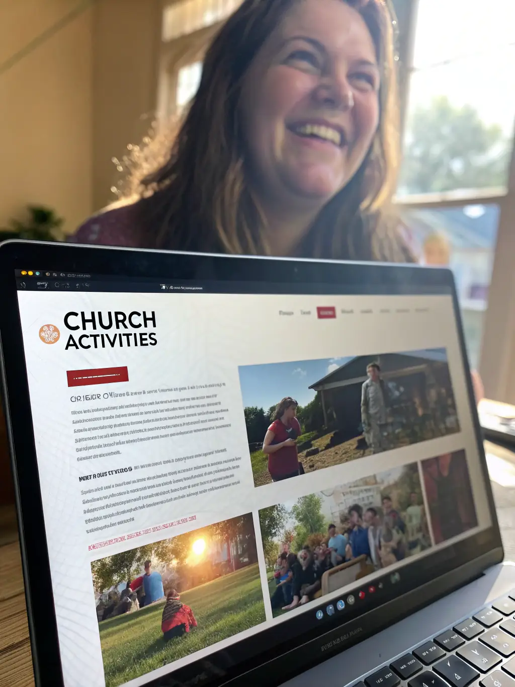 A serene image of a church website interface on a laptop, highlighting its user-friendly design and clear navigation, emphasizing ease of use for church members.