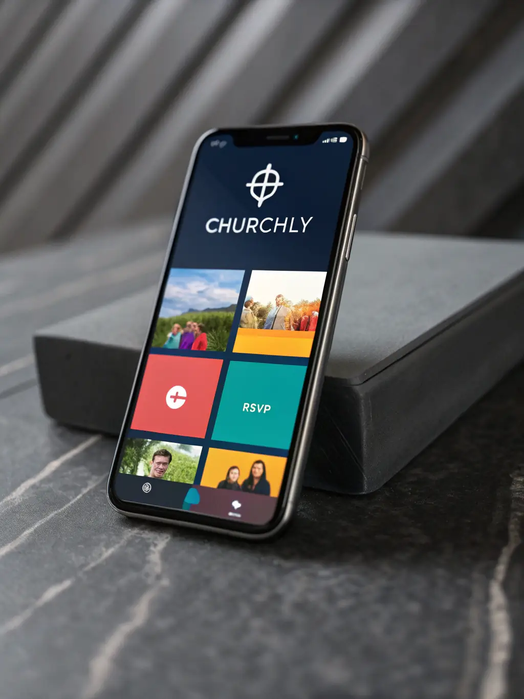 An image depicting a mobile phone displaying a church communication app interface, showcasing features like prayer requests, event updates, and automated notifications.