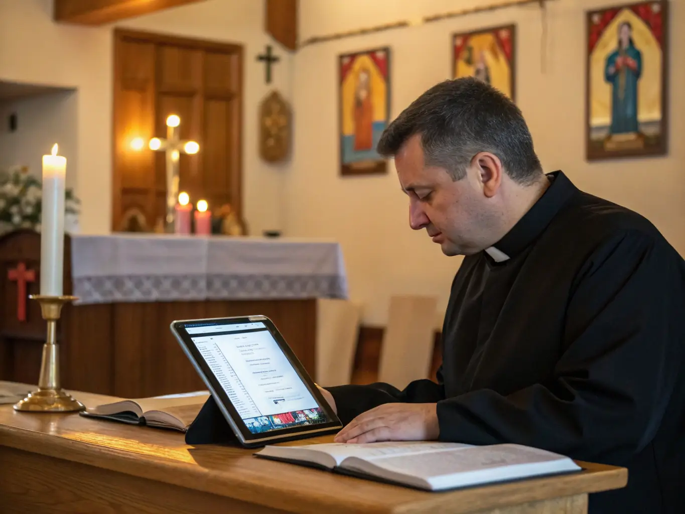A satisfied church leader smiling while reviewing their new Divine Digital website on a tablet, emphasizing the ease of use and positive impact.